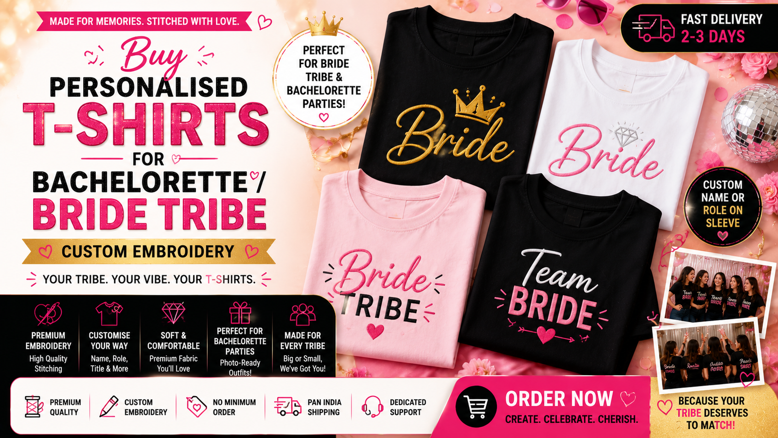 Buy Personalised T-Shirts for Bachelorette / Bride Tribe India — Custom Embroidery