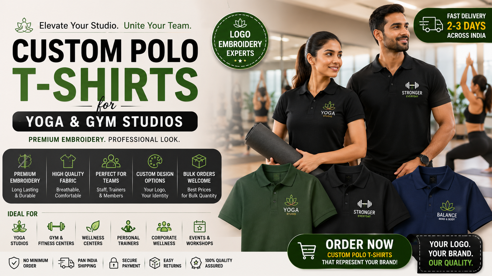 Order Custom T-Shirts for Yoga & Gym Studio India — Logo Embroidery Polo