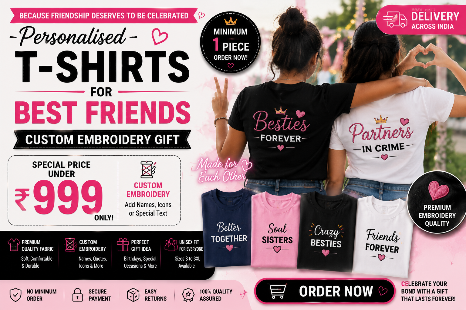 Buy Personalised T-Shirts for Best Friend India — Custom Embroidery Gift Under ₹999