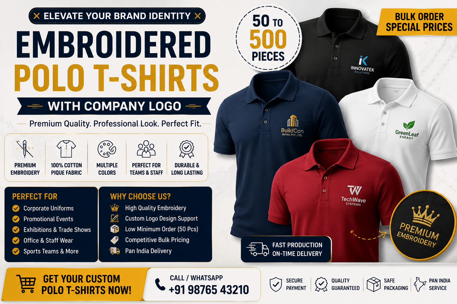 Buy Embroidered Polo T-Shirts With Company Logo India — 50 to 500 Pieces