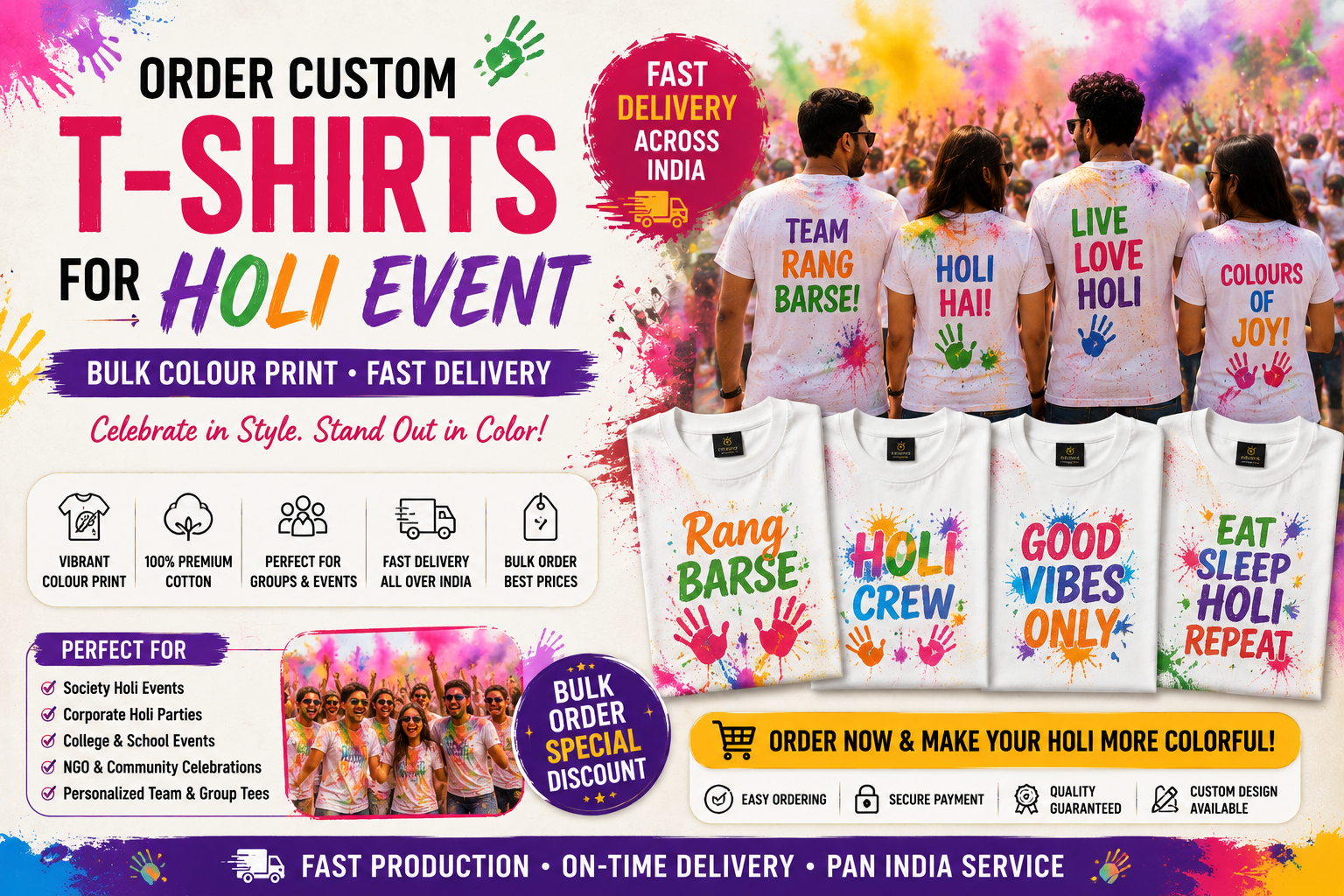 Order Custom T-Shirts for Holi Event India — Bulk Colour Print, Fast Delivery