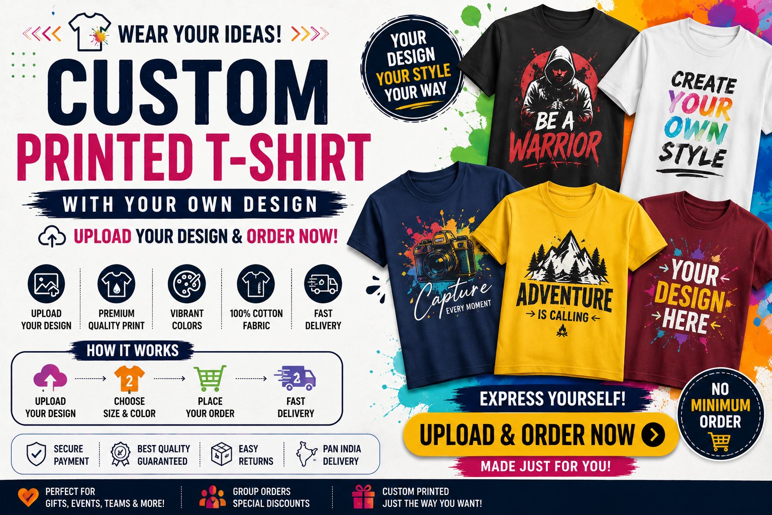 Order Custom Printed T-Shirt With Your Own Design India — Upload & Order Now