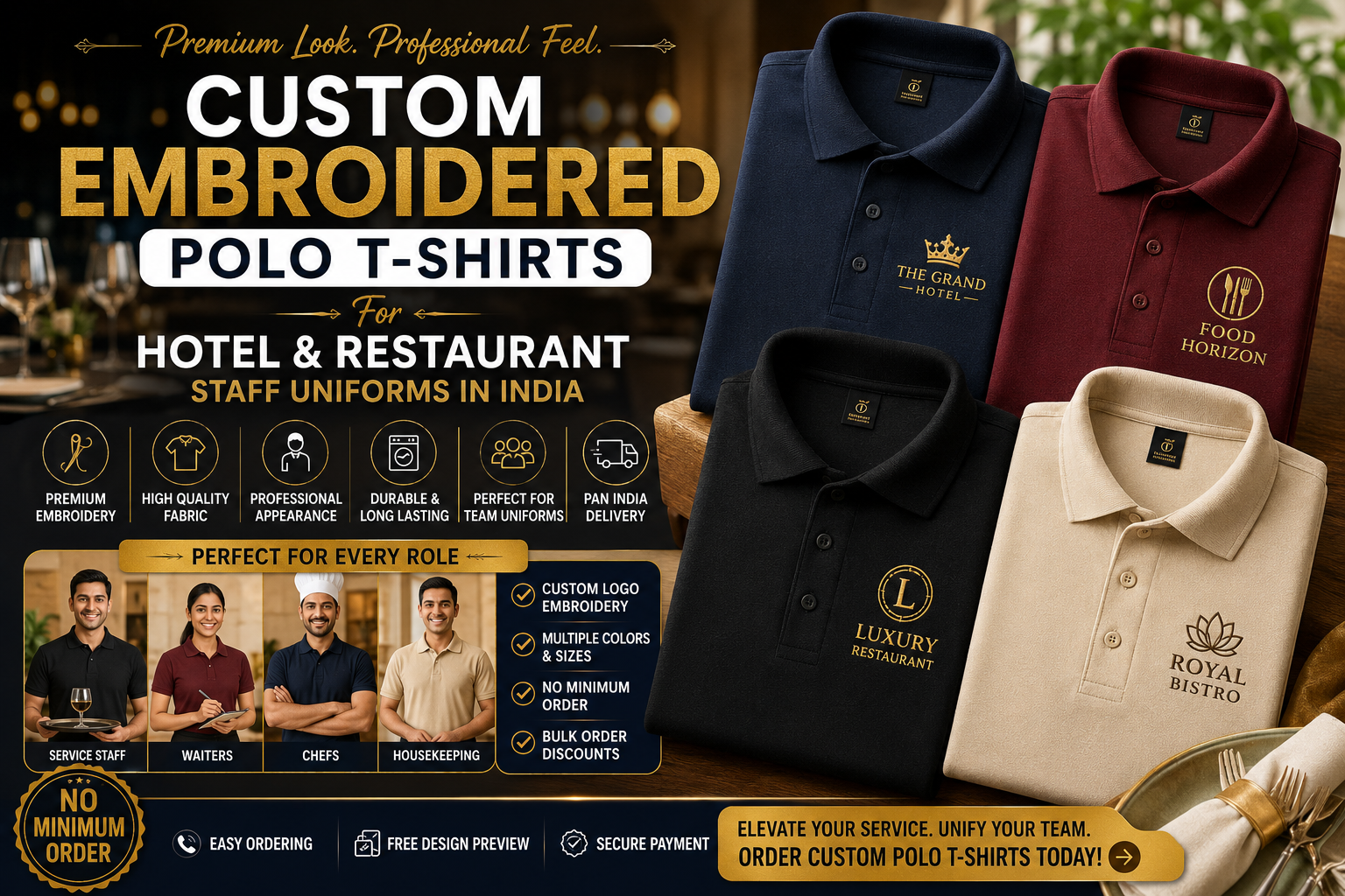Custom Embroidered Polo T-Shirts for Hotel & Restaurant Staff Uniforms in India