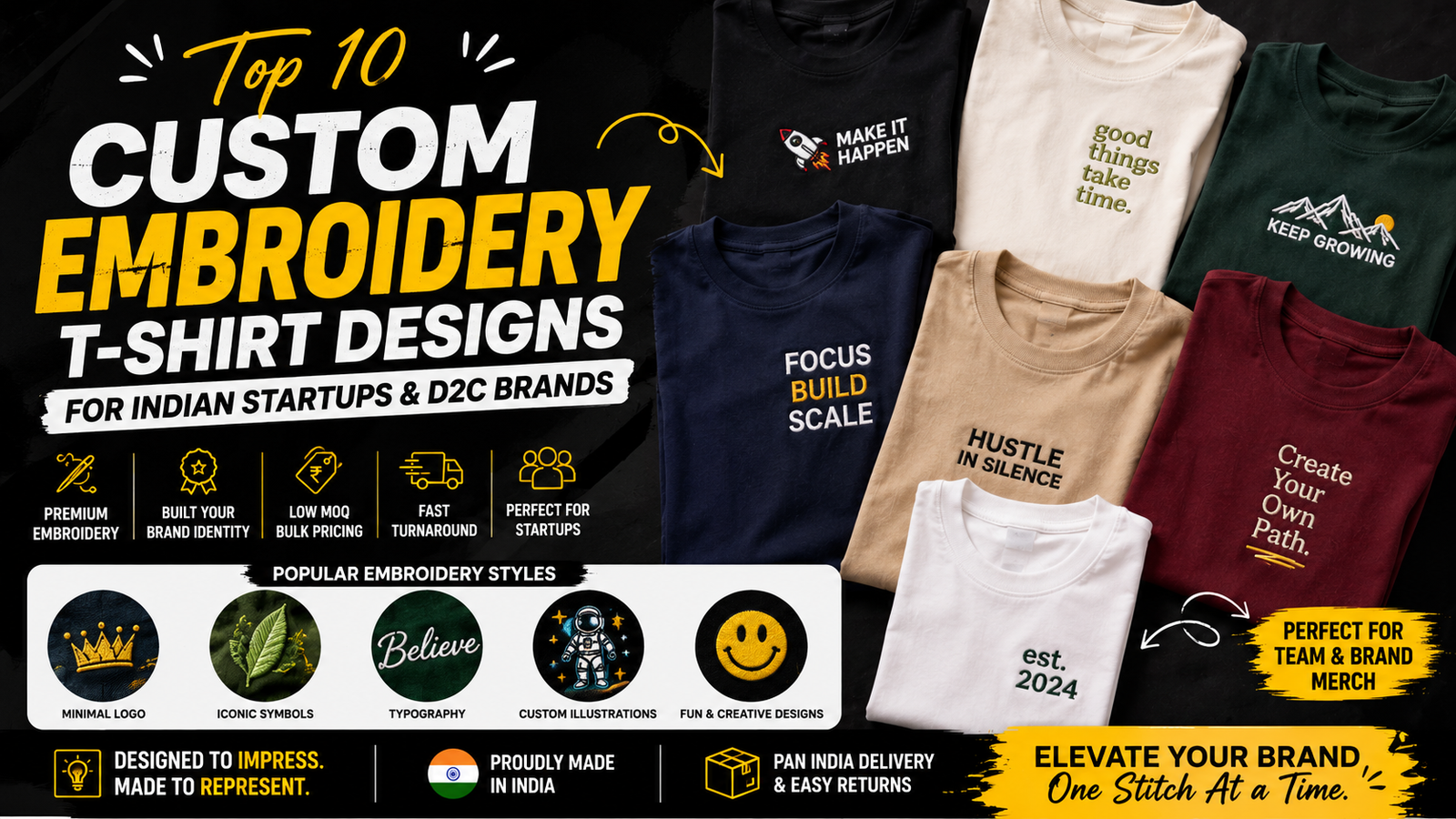 Top 10 Custom Embroidery T-Shirt Designs for Indian Startups & D2C Brands