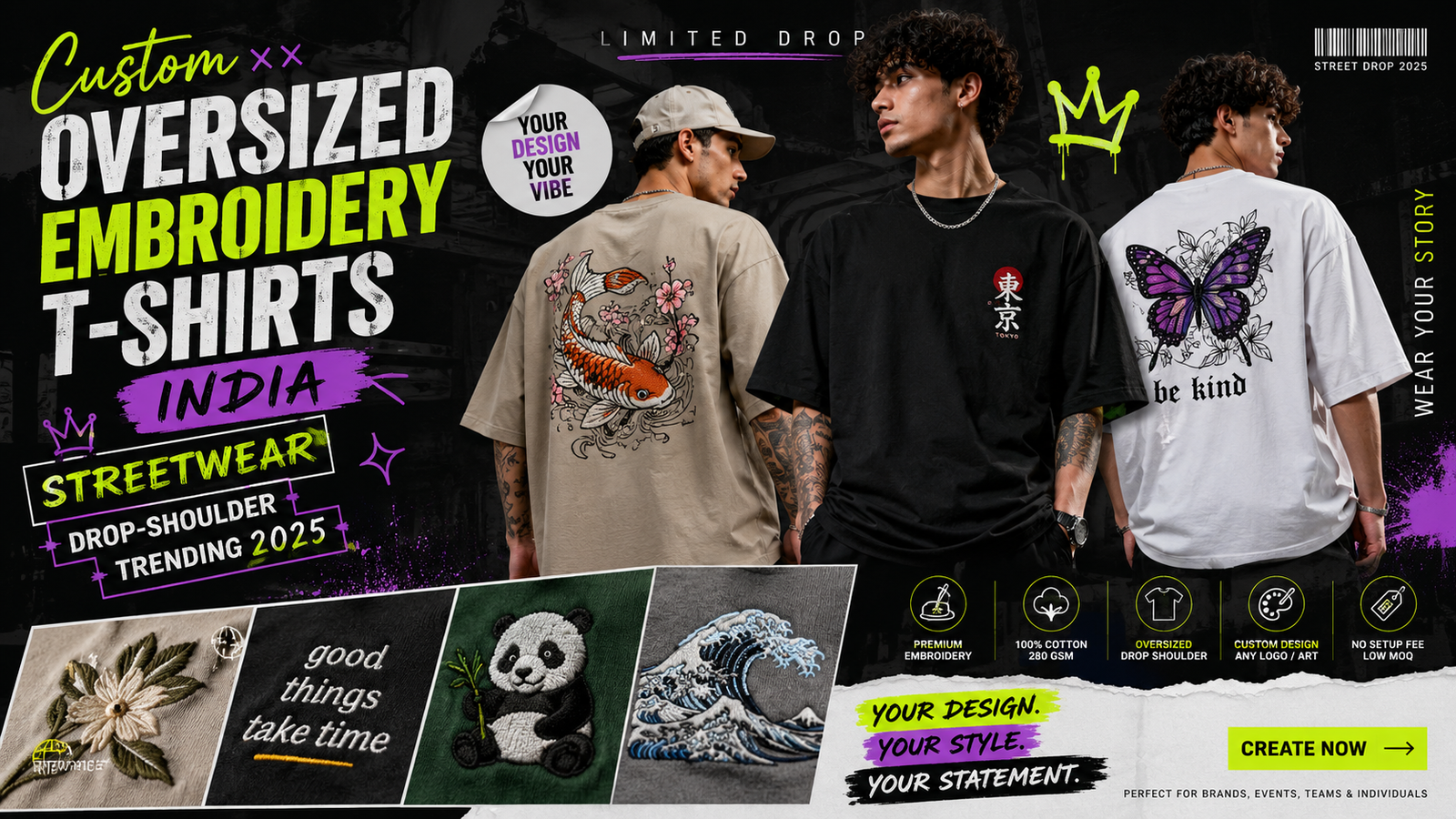 Custom Oversized Embroidery T-Shirts India: Streetwear Drop-Shoulder Trending 2025