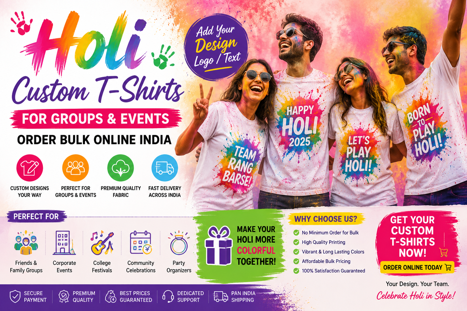 Holi Custom T-Shirts for Groups & Events: Order Bulk Online India