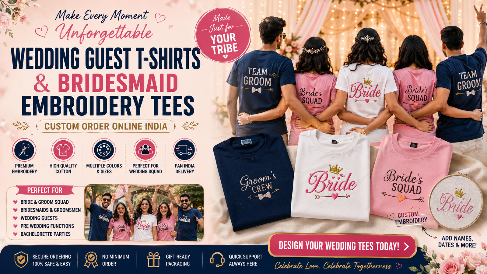 Wedding Guest T-Shirts & Bridesmaid Embroidery Tees: Custom Order Online India