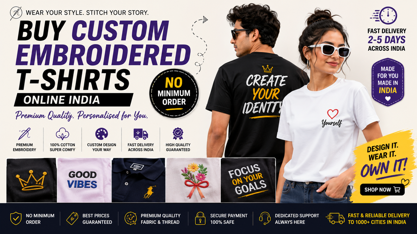 Buy Custom Embroidered T-Shirts Online India — No Minimum, Fast Delivery