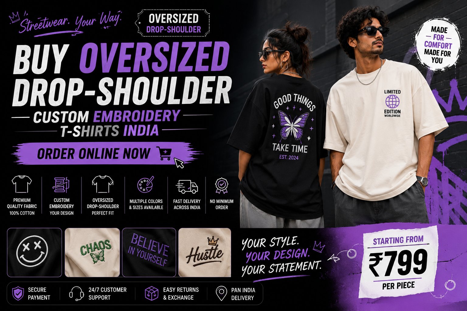 Buy Oversized Drop-Shoulder Custom Embroidery T-Shirts India — Order Online Now