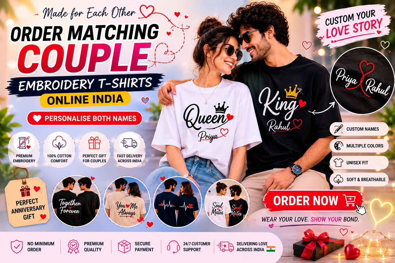 Order Matching Couple Embroidery T-Shirts Online India — Personalise Both Names