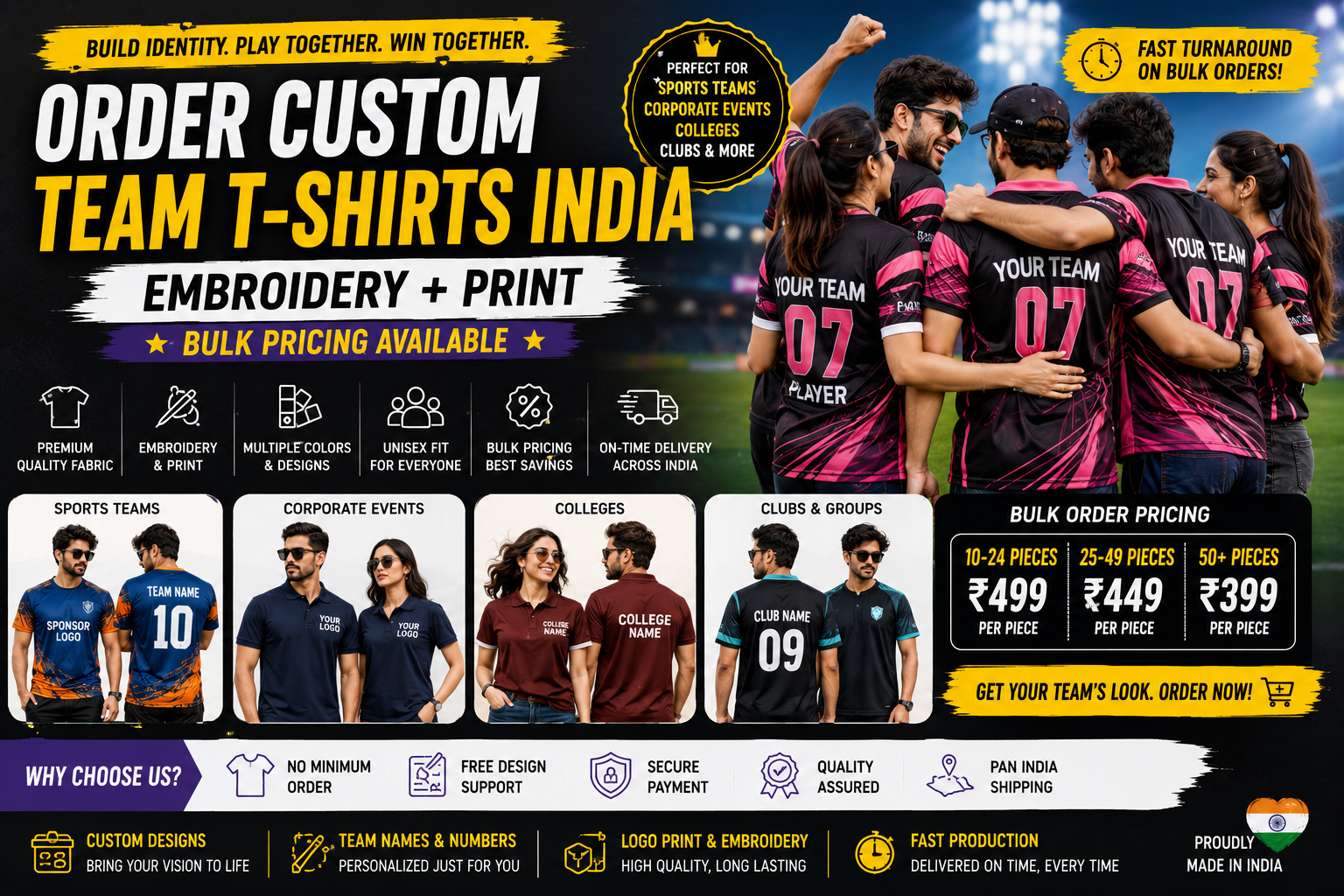 Order Custom Team T-Shirts India — Embroidery + Print, Bulk Pricing Available