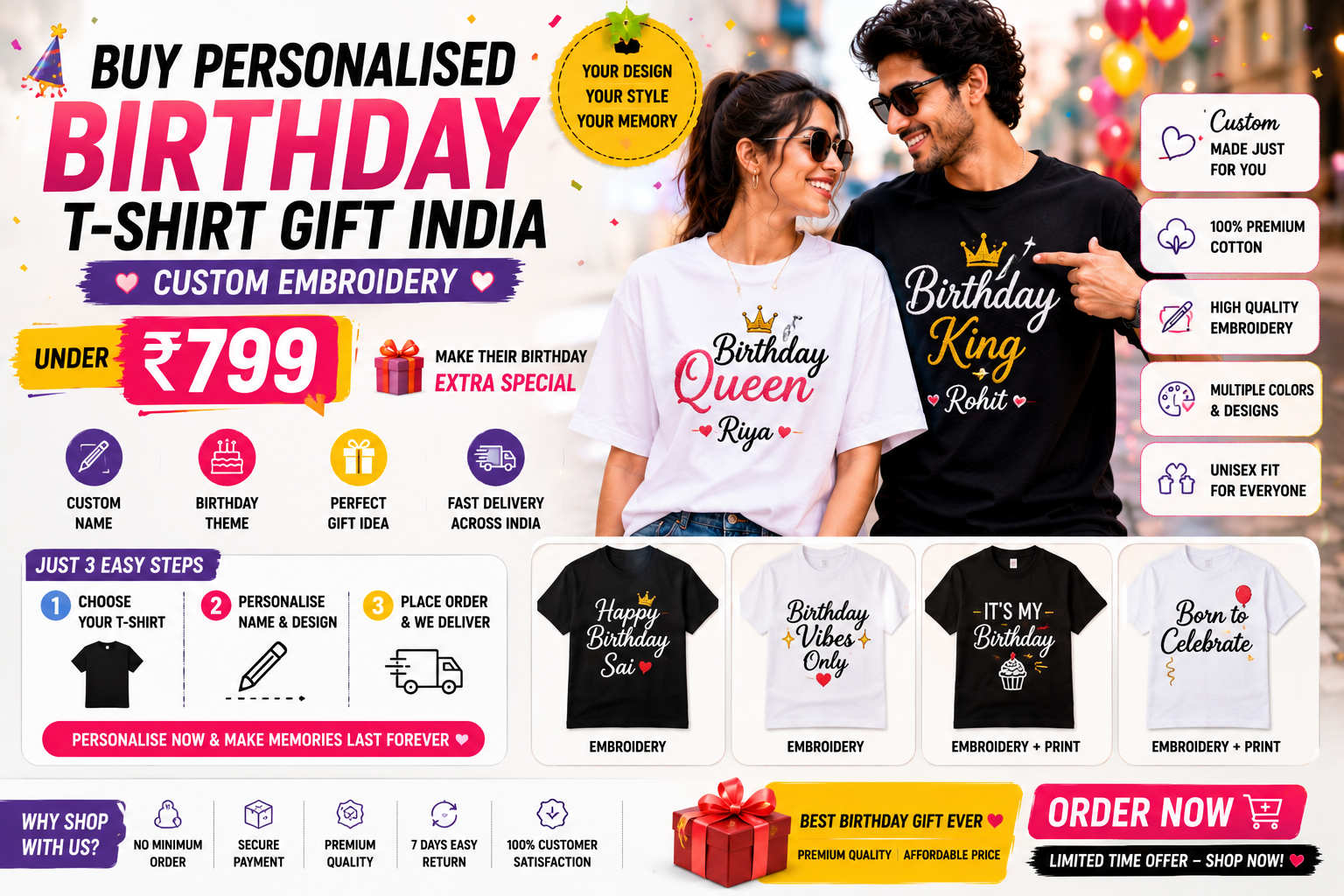 Buy Personalised Birthday T-Shirt Gift India Under ₹799 — Custom Embroidery