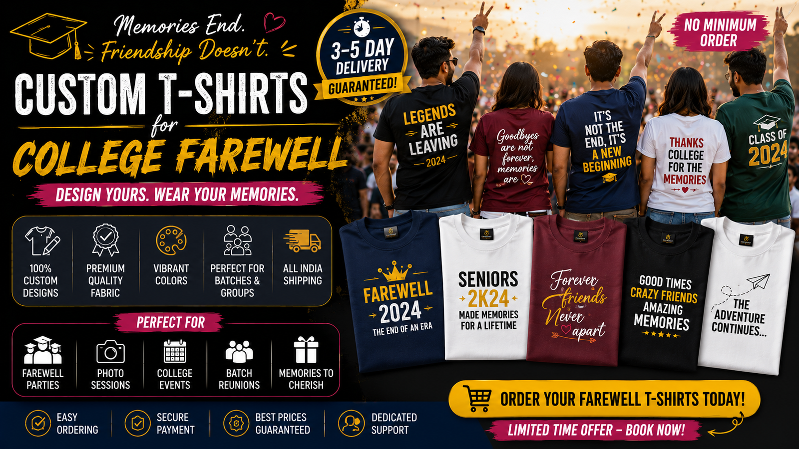 Order Custom T-Shirts for College Farewell India — 3–5 Day Delivery Guaranteed