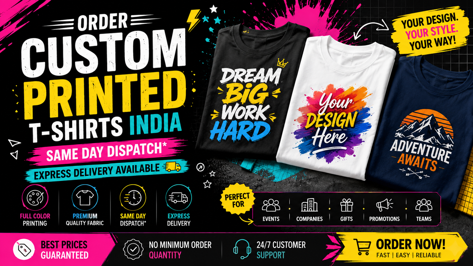 Order Custom Printed T-Shirts India Same Day Dispatch — Express Delivery Available