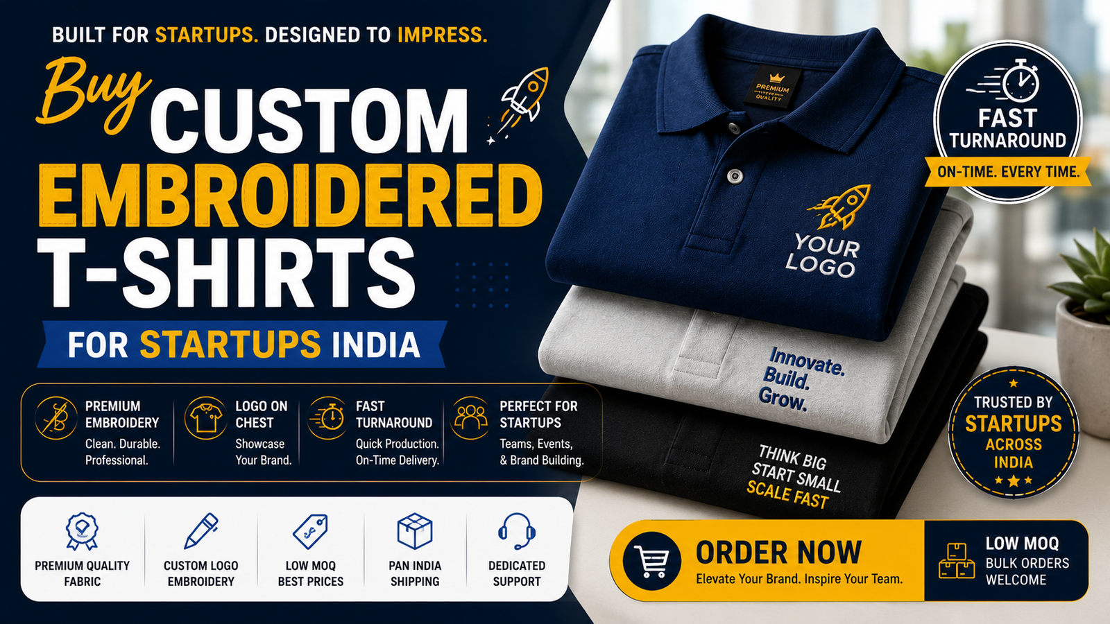 Buy Custom Embroidered T-Shirts for Startups India — Logo on Chest, Fast Turnaround