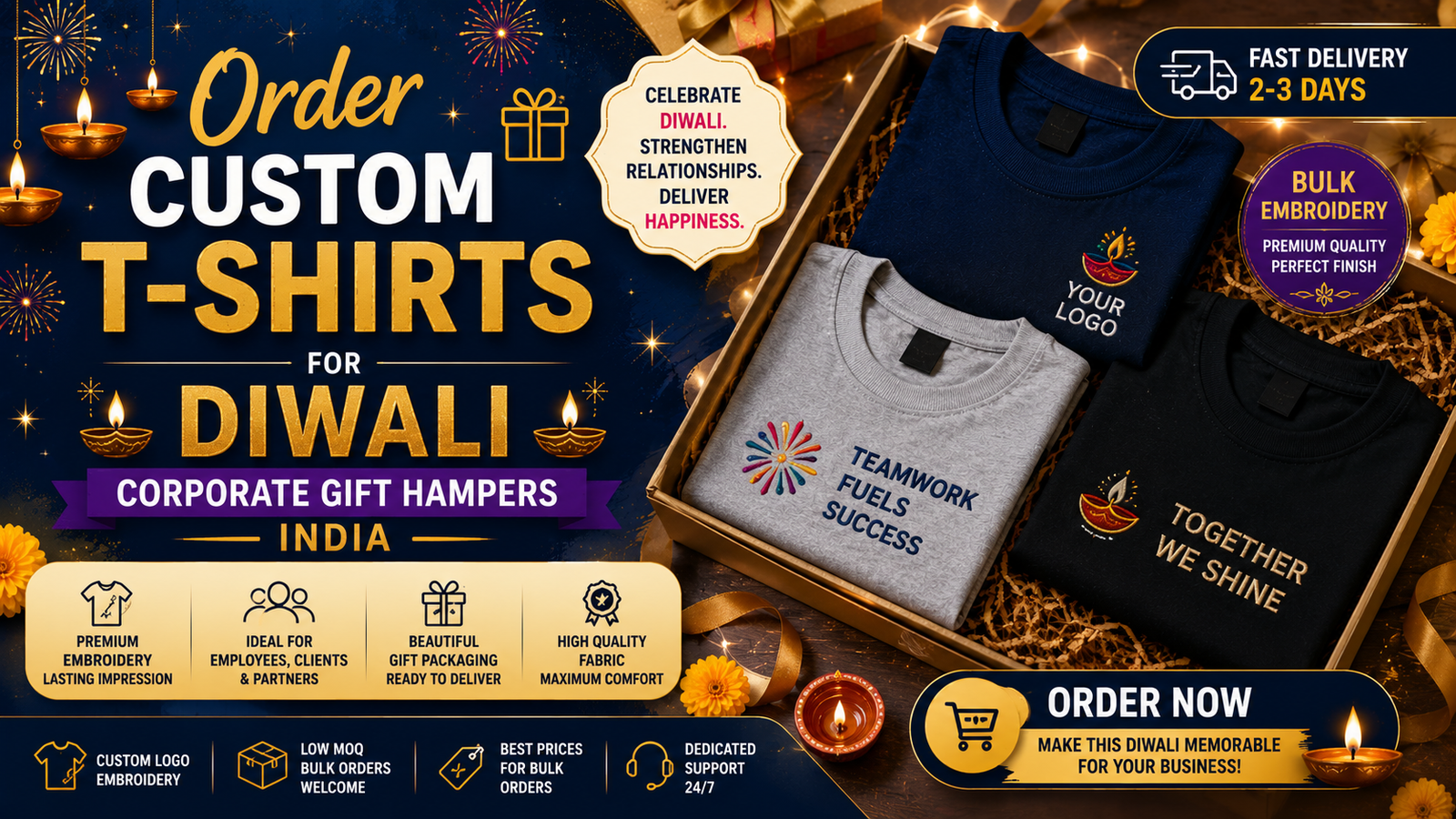 Order Custom T-Shirts for Diwali Corporate Gift Hampers India — Bulk Embroidery