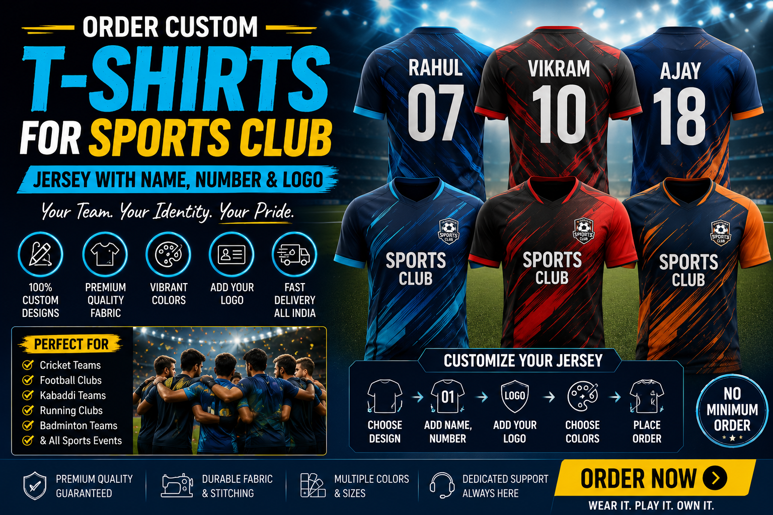 Order Custom T-Shirts for Sports Club India — Jersey With Name, Number & Logo