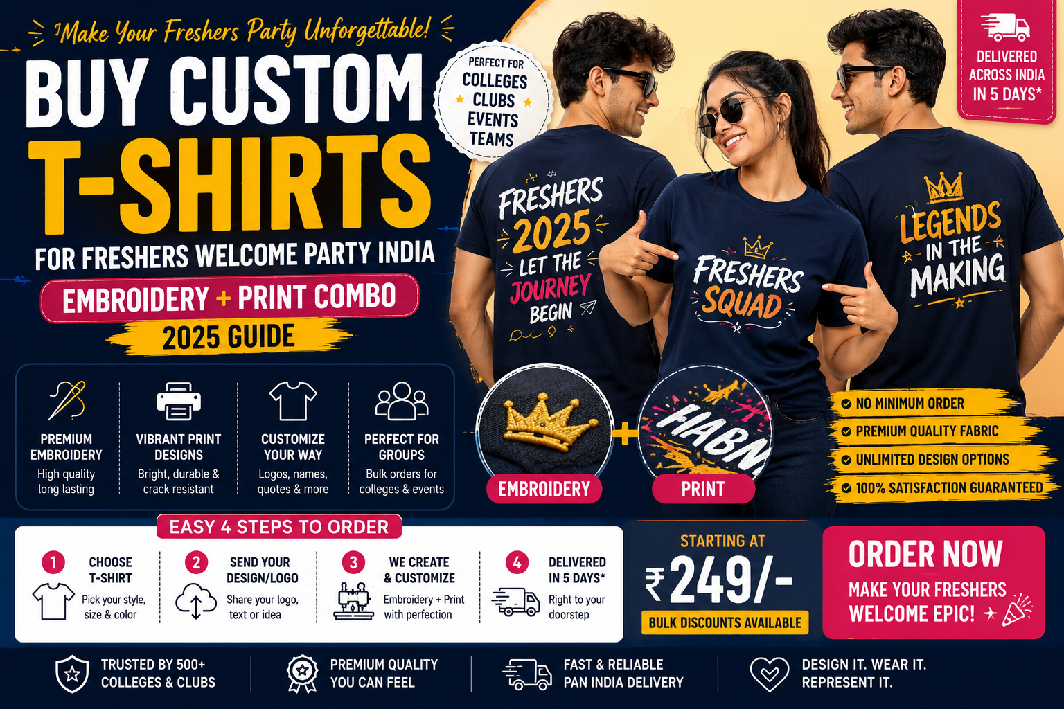 Buy Custom T-Shirts for Freshers Welcome Party India — Embroidery + Print Combo (2025 Guide)