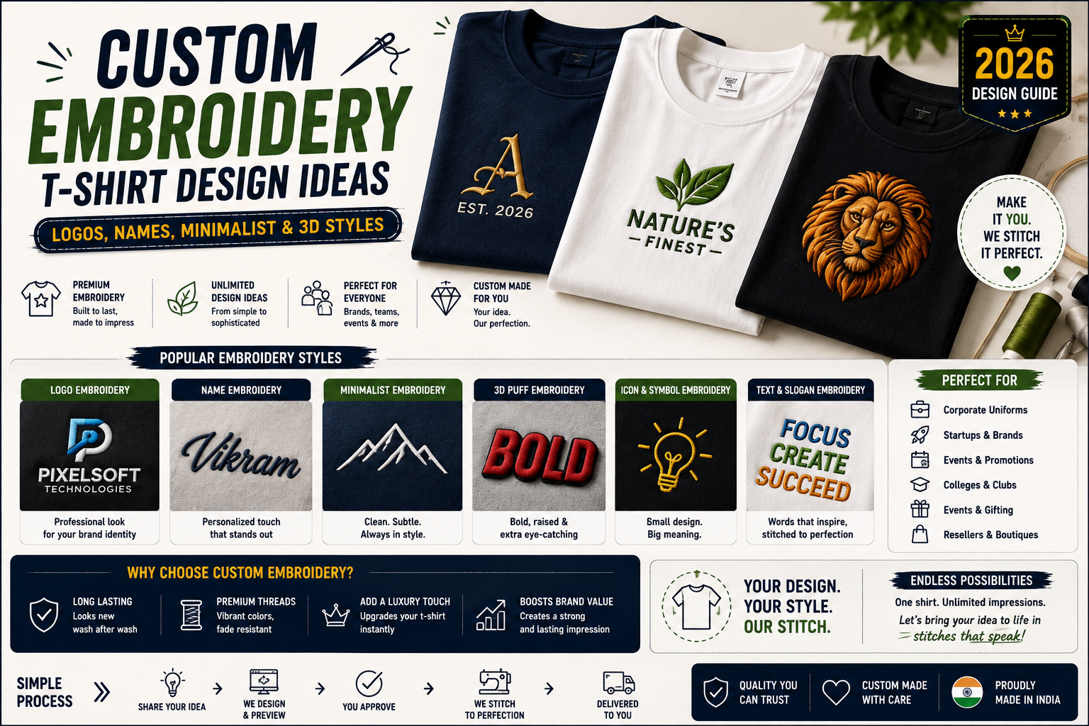 Custom Embroidery T-Shirt Design Ideas — Logos, Names, Minimalist & 3D Styles 2026