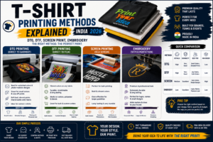 T-Shirt Printing Methods Explained — DTG, DTF, Screen Print, Embroidery India 2026