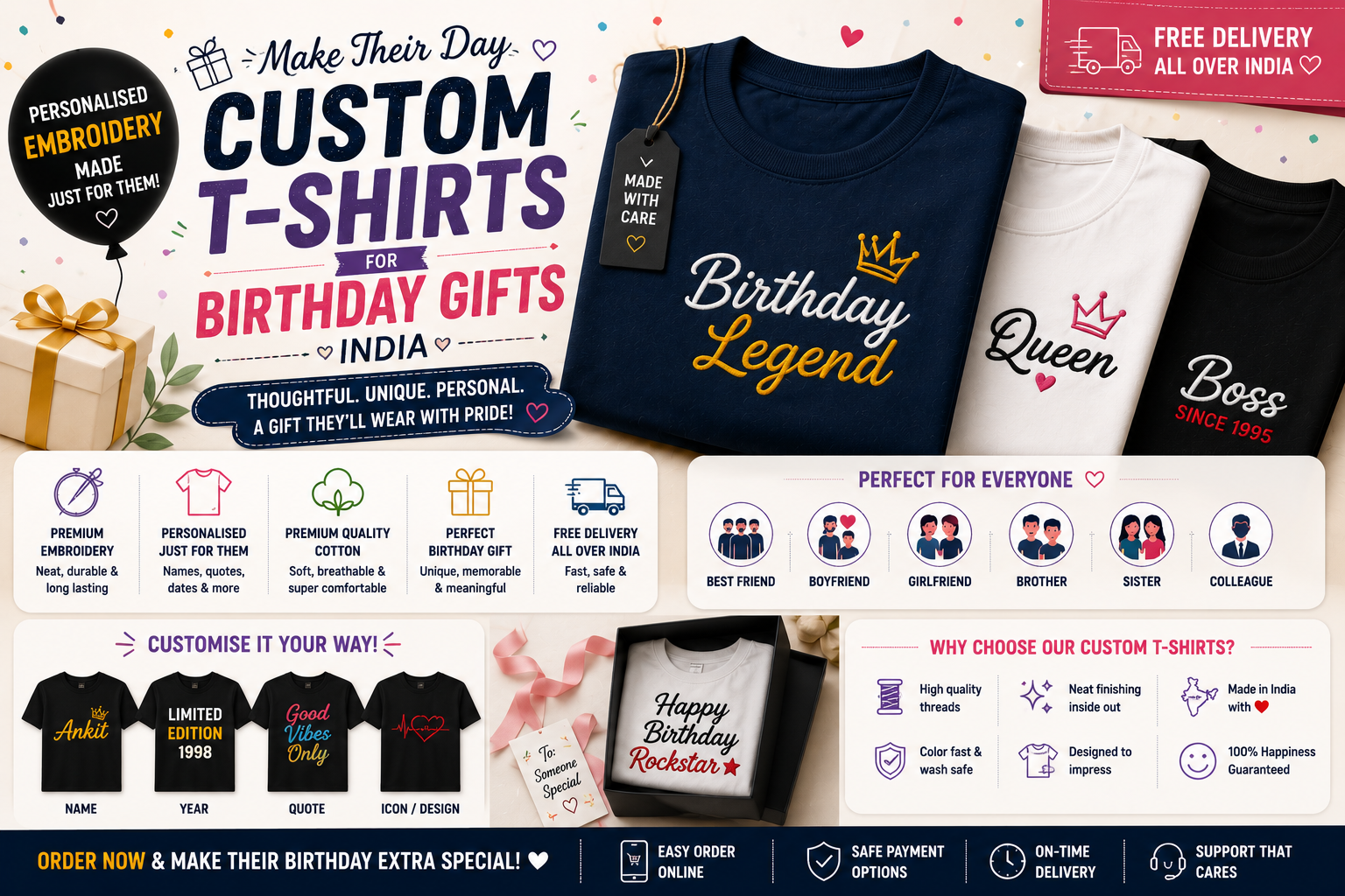 Custom T-Shirts for Birthday Gifts India — Personalised Embroidery, Free Delivery
