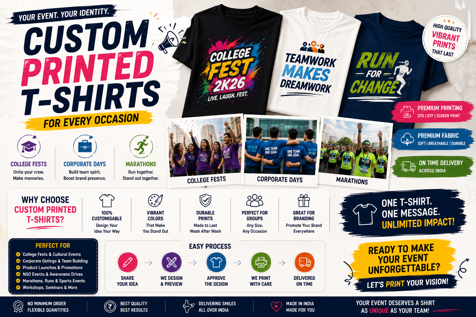 Custom Printed T-Shirts for Events India — College Fests, Corporate Days, Marathons