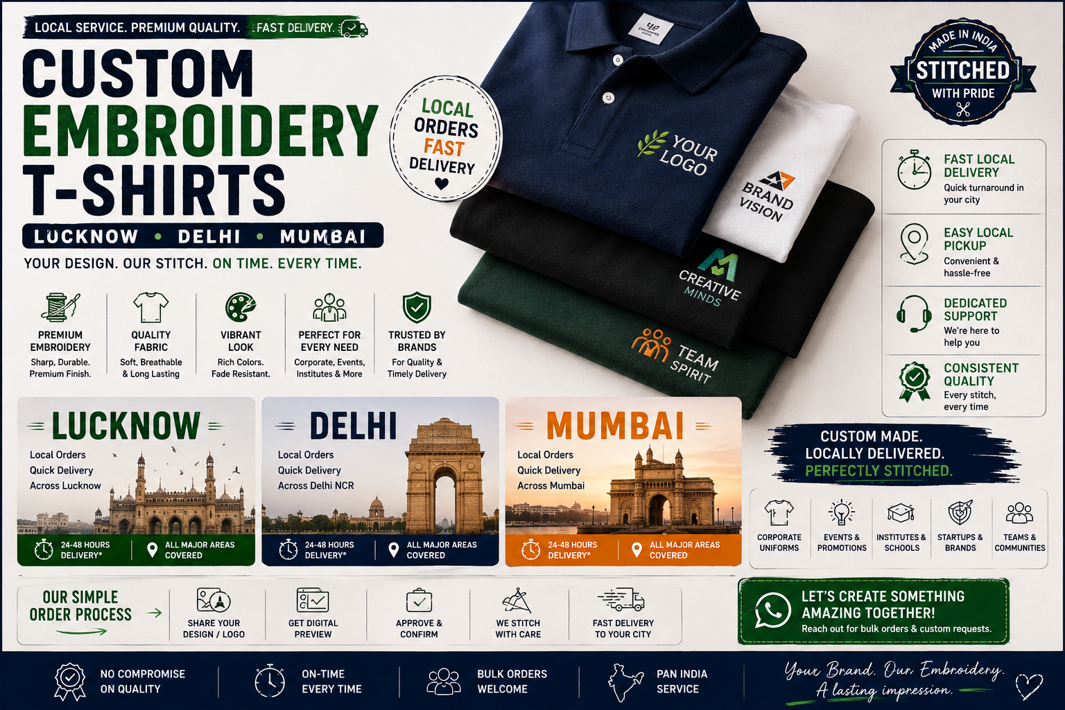 Custom Embroidery T-Shirts Lucknow, Delhi, Mumbai — Local Order & Fast Delivery