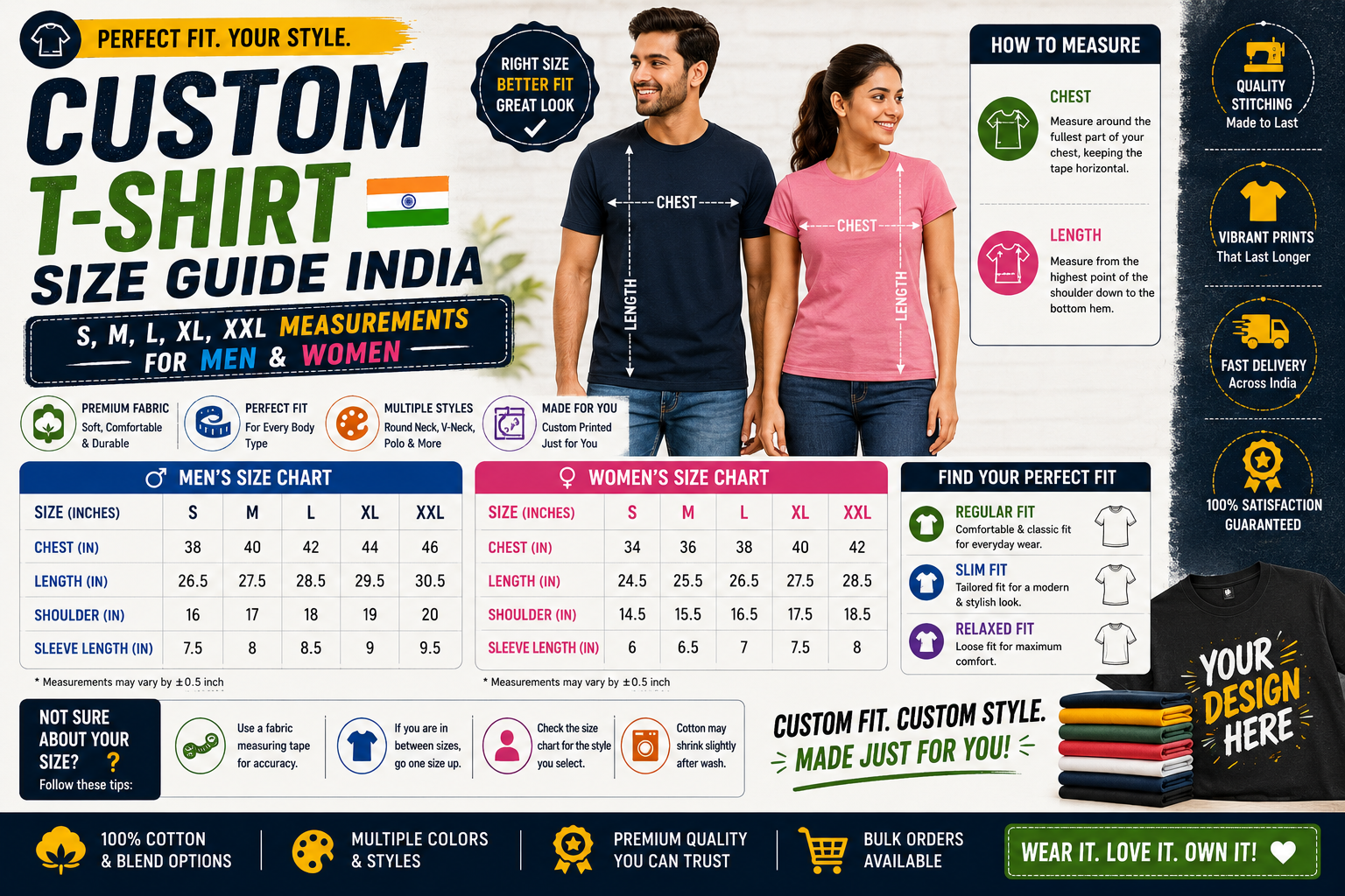Custom T-Shirt Size Guide India — S, M, L, XL, XXL Measurements for Men & Women