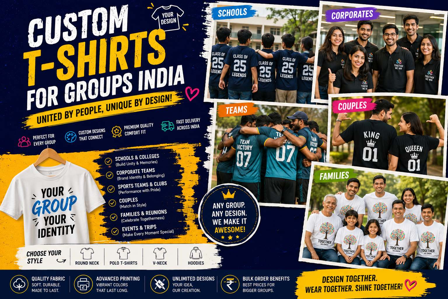 Custom T-Shirts for Groups India — Schools, Corporates, Teams, Couples, Families