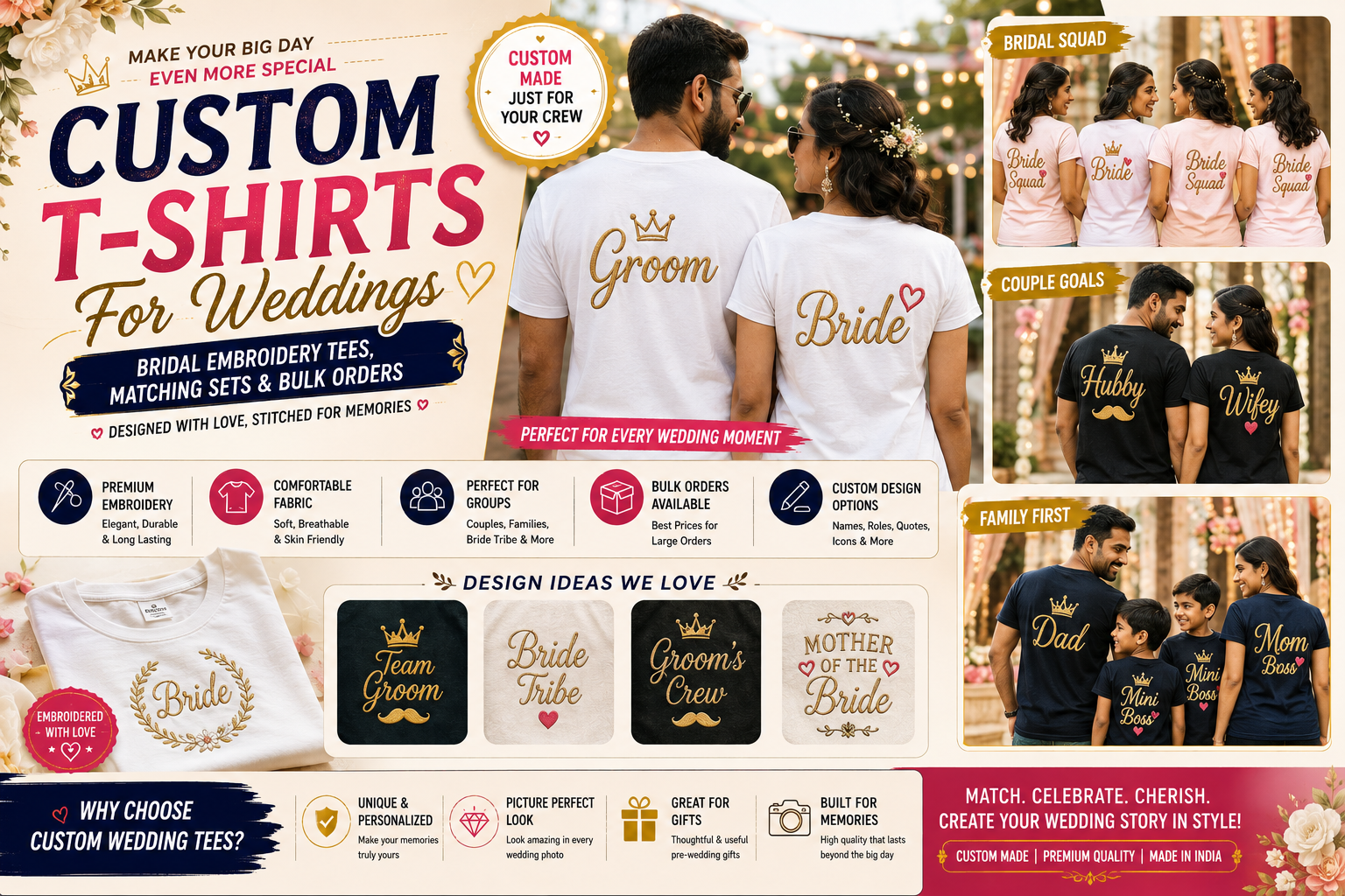 Custom T-Shirts for Weddings India — Bridal Embroidery Tees, Matching Sets & Bulk