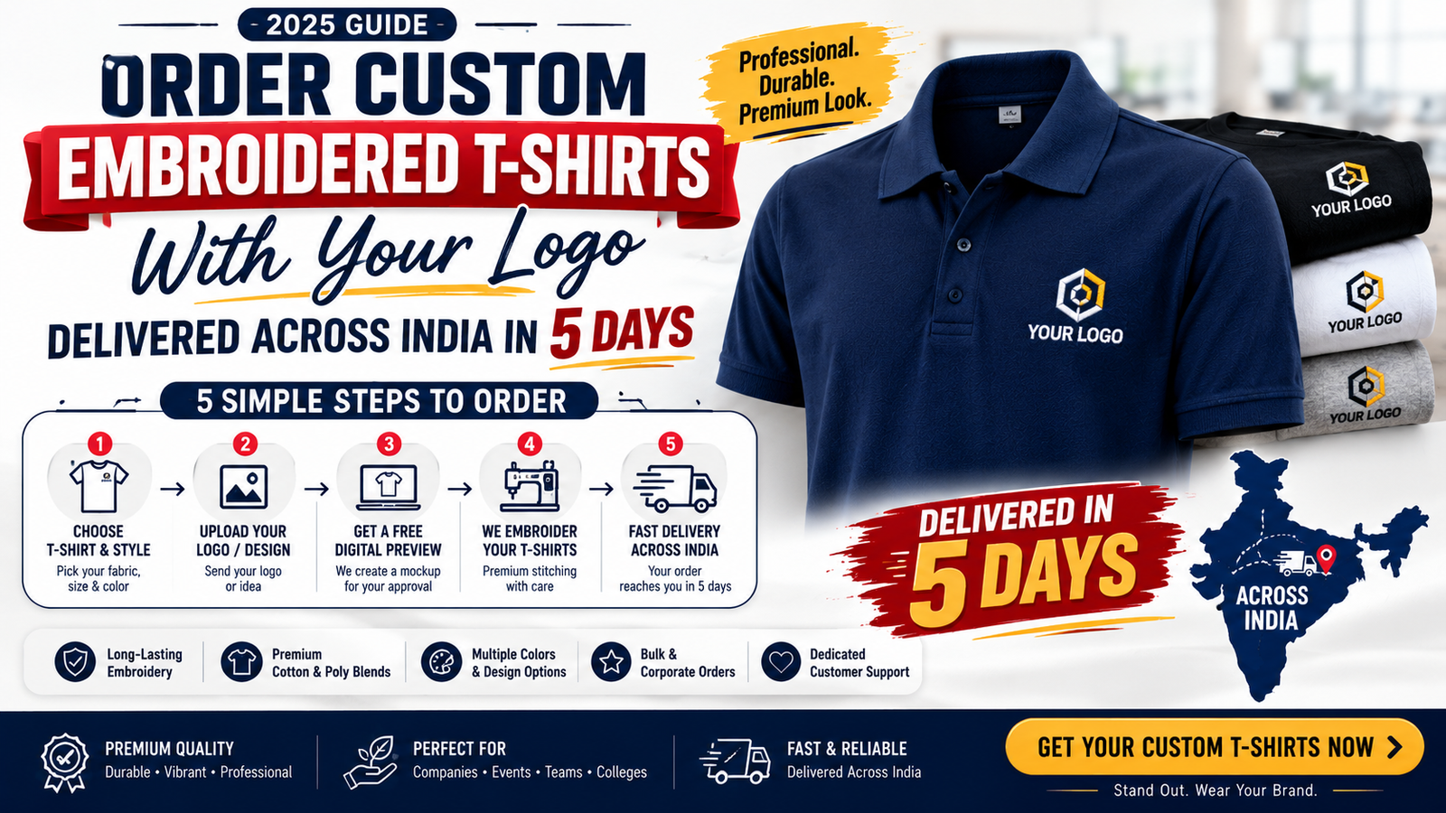 Order Custom Embroidered T-Shirts With Your Logo — Delivered Across India in 5 Days (2025 Guide)