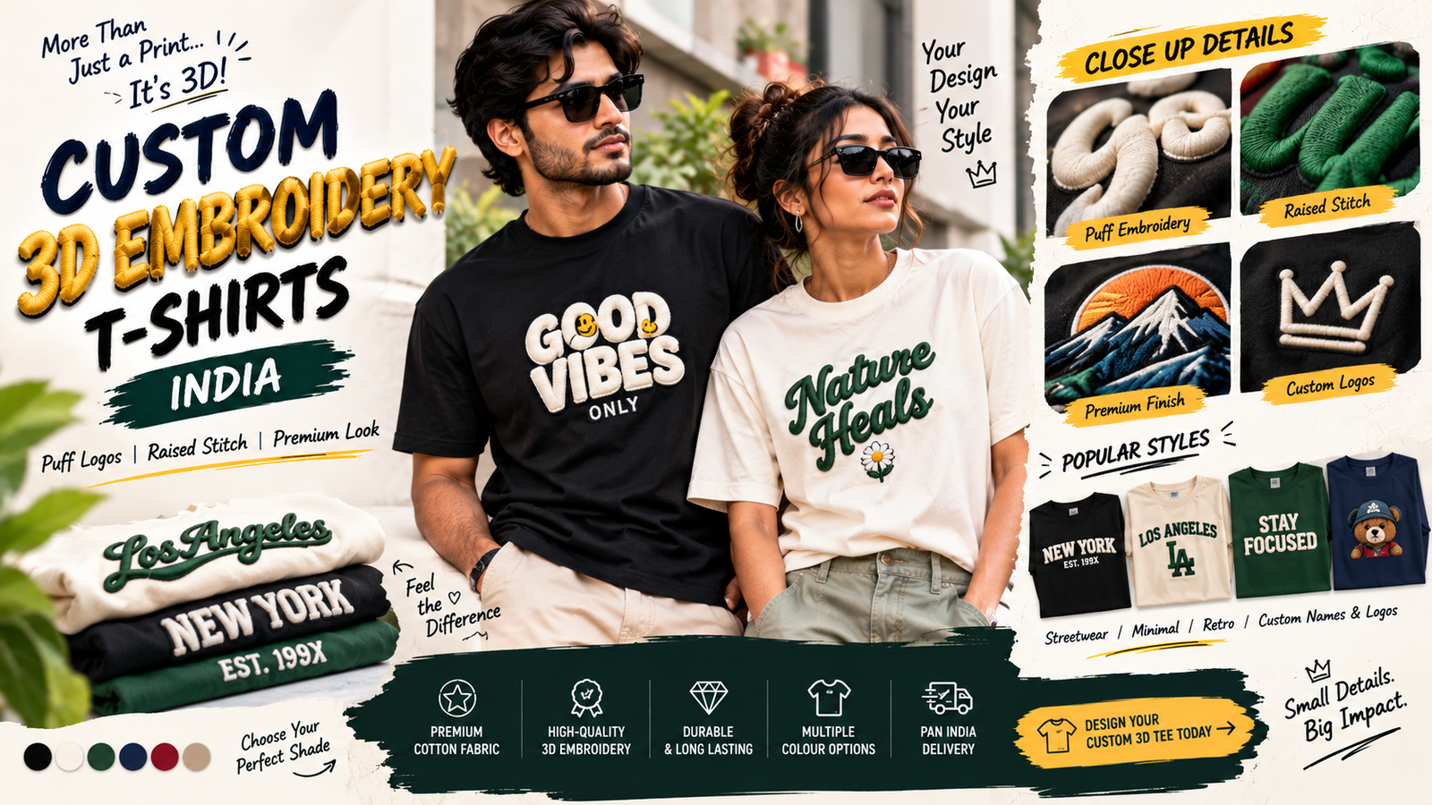 Custom 3D Embroidery T-Shirts India — Puff Logos, Raised Stitch & Premium Look Online