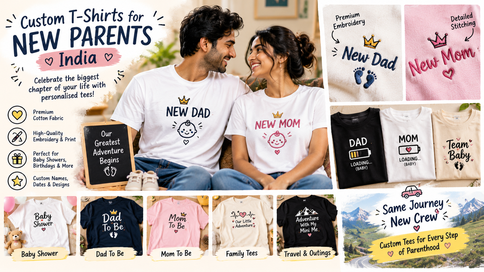 Custom T-Shirts for New Parents India — Baby Shower, “New Dad / New Mom” Embroidery