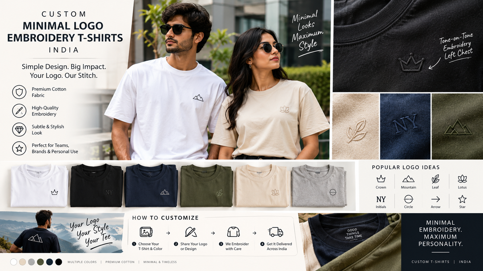 Custom Minimal Logo Embroidery T-Shirts India — Tone-on-Tone, Left Chest Stitch